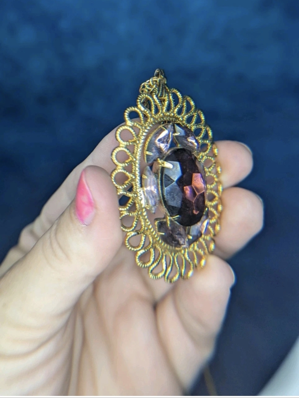 Purple Stone Gold Tone Pendant Necklace 14" Fashion Jewelry - Picture 4 of 12